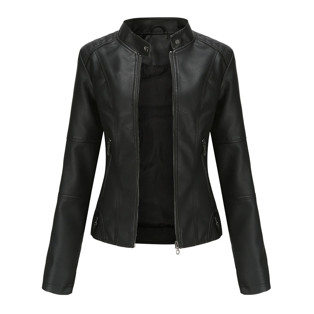 Elegante Damen-Lederjacke mit modischem Stehkragen und trendigen Reißverschlussdetails - J&B - 3 - Atelier-Zofia
