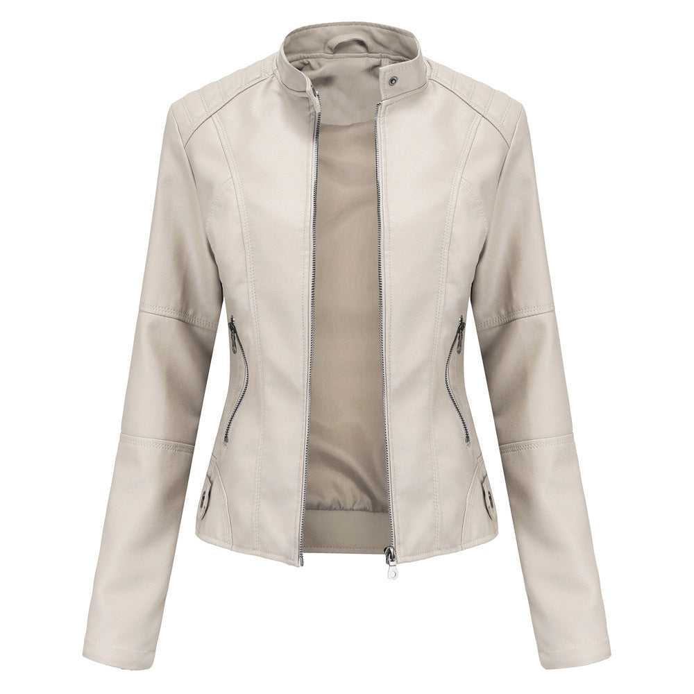 Elegante Damen-Lederjacke mit modischem Stehkragen und trendigen Reißverschlussdetails - J&B - 4 - Atelier-Zofia
