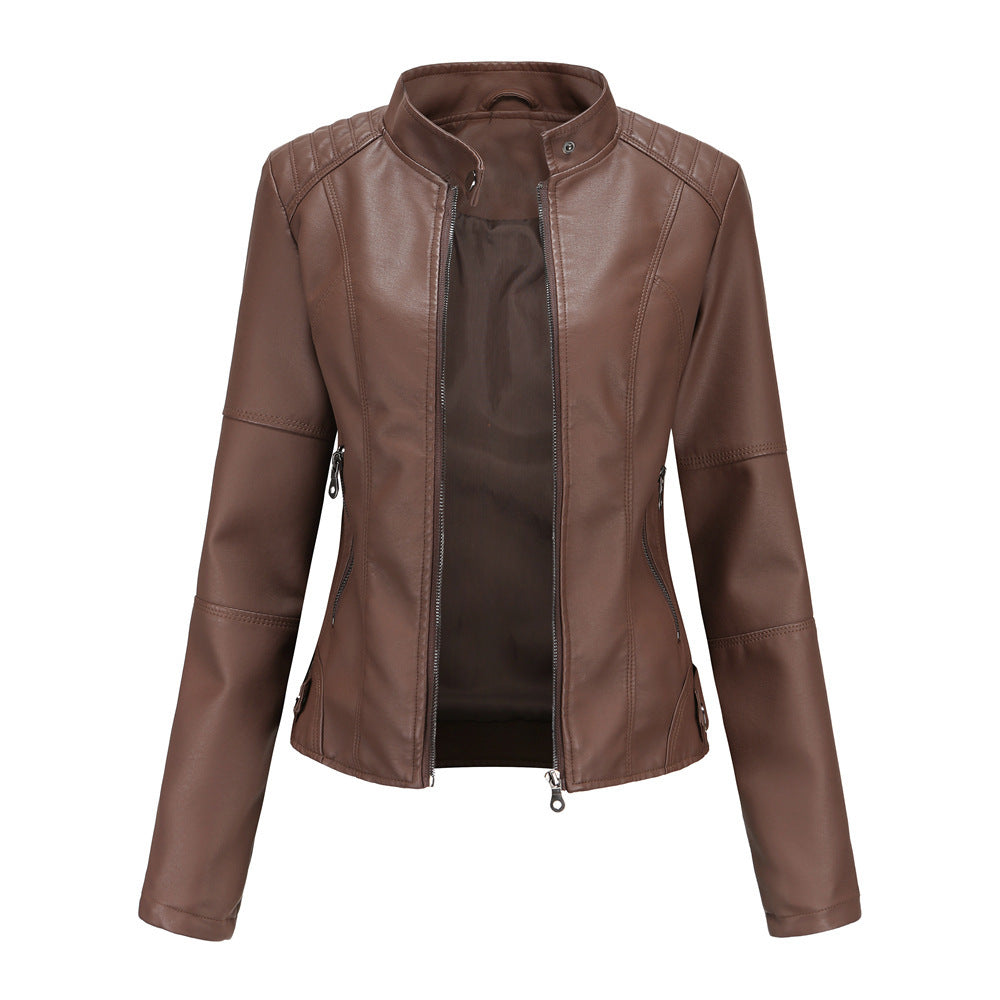 Elegante Damen-Lederjacke mit modischem Stehkragen und trendigen Reißverschlussdetails - J&B - 5 - Atelier-Zofia