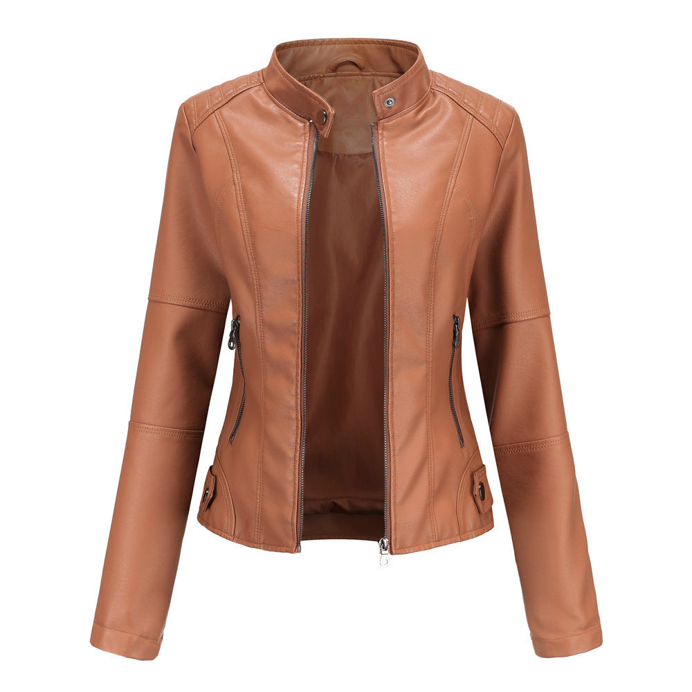Elegante Damen-Lederjacke mit modischem Stehkragen und trendigen Reißverschlussdetails - J&B - 8 - Atelier-Zofia