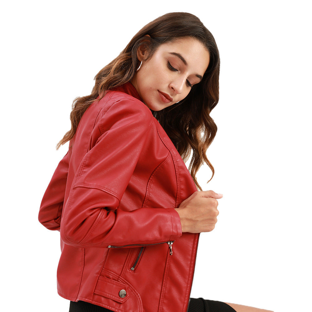 Elegante Damen-Lederjacke mit modischem Stehkragen und trendigen Reißverschlussdetails - J&B - 10 - Atelier-Zofia