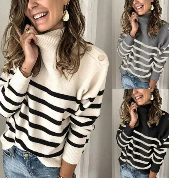 Stilvoller Damenpullover mit Stehkragen und modischen Knopfakzenten - J&B - 5 - Atelier-Zofia