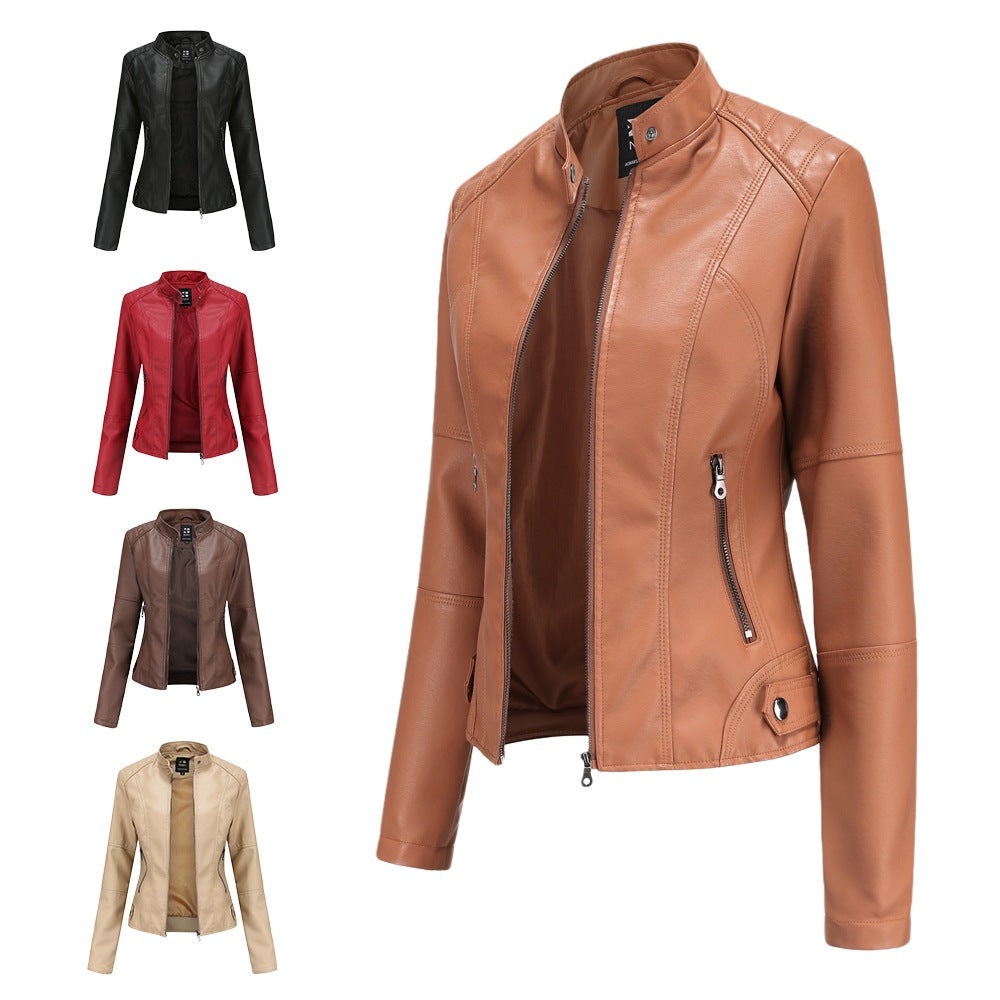 Damen Kunstleder Moto-Jacke mit praktischen Taschen und vorderem Reißverschluss - J&B - 2 - Atelier-Zofia