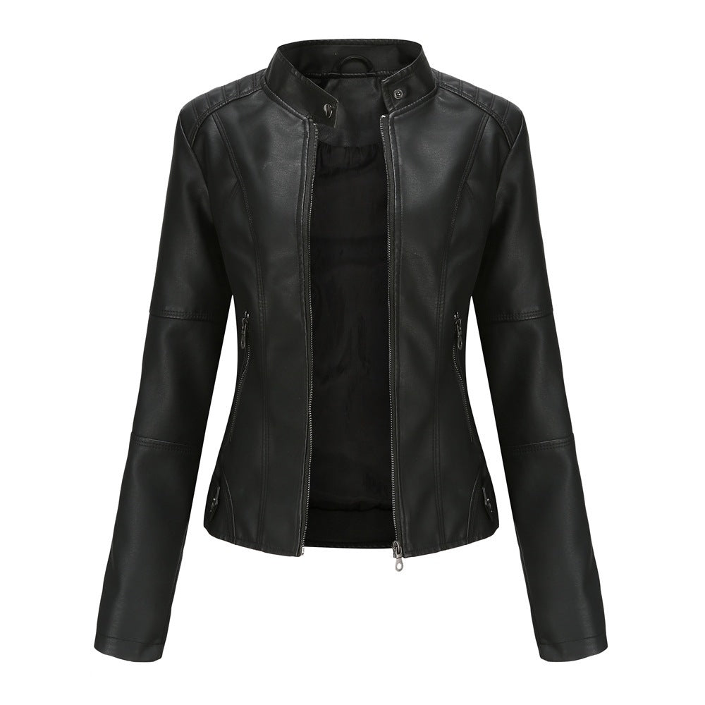 Damen Kunstleder Moto-Jacke mit praktischen Taschen und vorderem Reißverschluss - J&B - 7 - Atelier-Zofia