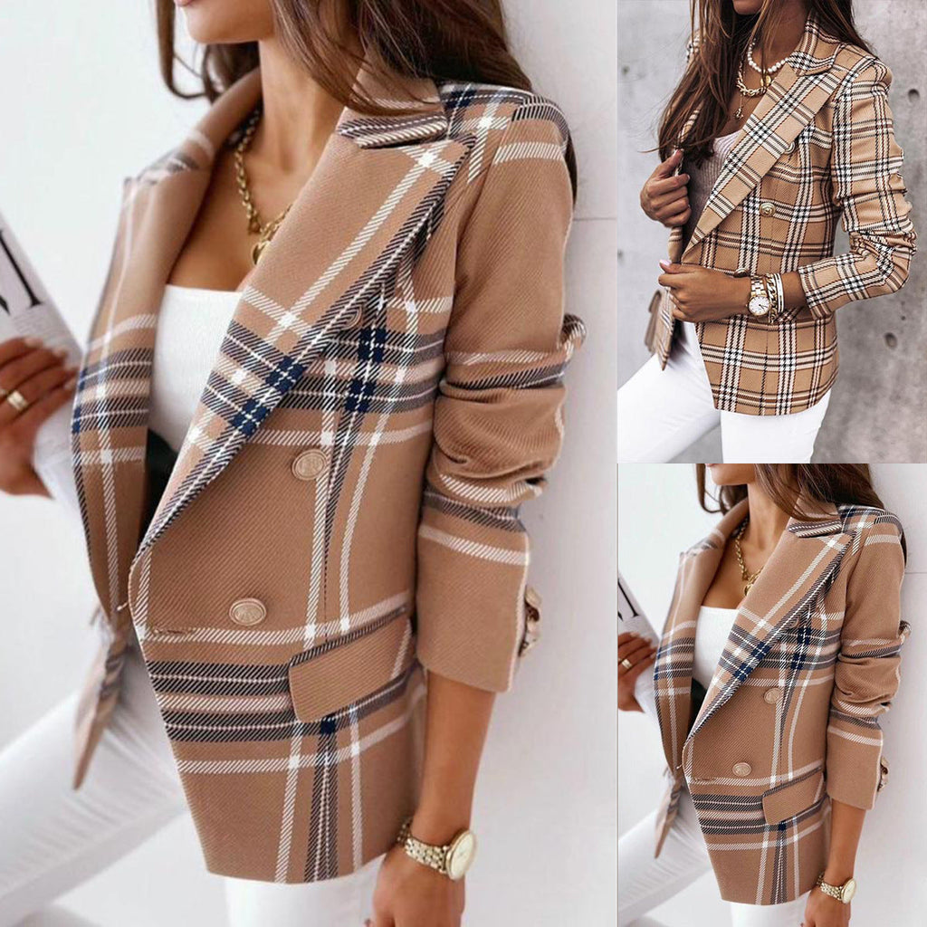 Klassischer Damenblazer im Zweireiher-Design mit stilvollem Karomuster - J&B - 2 - Atelier-Zofia