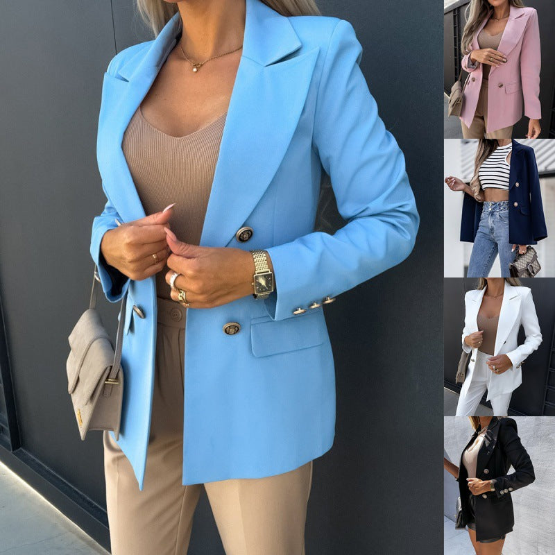 Hellblauer Damenblazer mit doppelt geknöpfter Front und stilvollem Schnitt - J&B - 3 - Atelier-Zofia