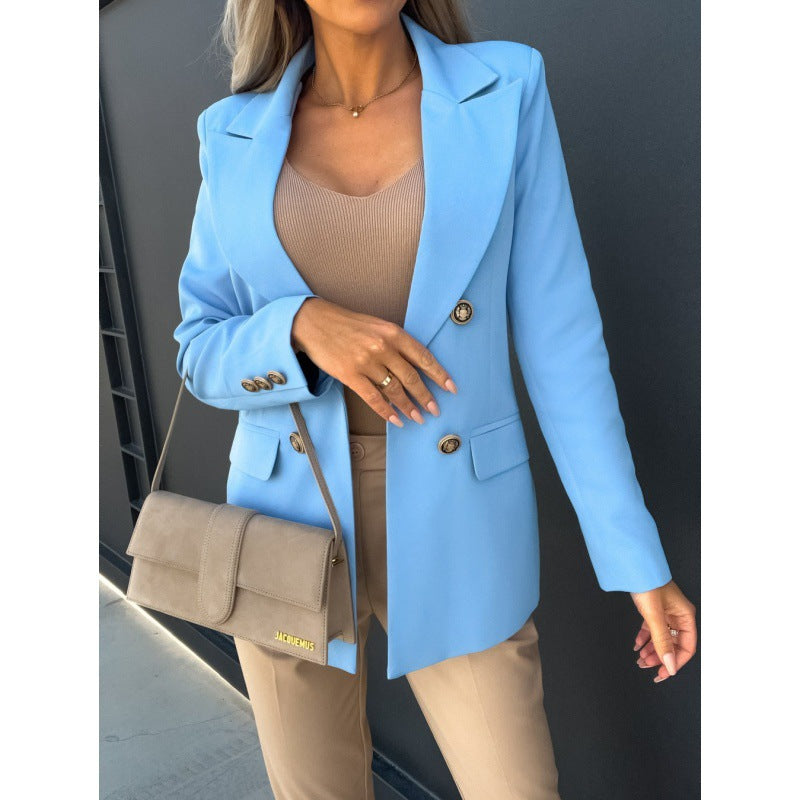Hellblauer Damenblazer mit doppelt geknöpfter Front und stilvollem Schnitt - J&B - 5 - Atelier-Zofia