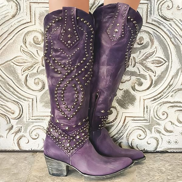 Damen Kniehohe Stiefel im Western-Stil mit Nieten - J&B - 1 - Atelier-Zofia