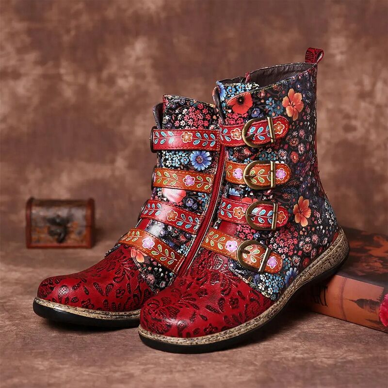 Modische Damen-Stiefeletten mit floralem Muster und eleganten Schnallen - J&B - 1 - Atelier-Zofia