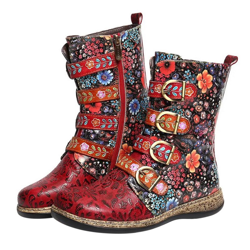 Modische Damen-Stiefeletten mit floralem Muster und eleganten Schnallen - J&B - 8 - Atelier-Zofia