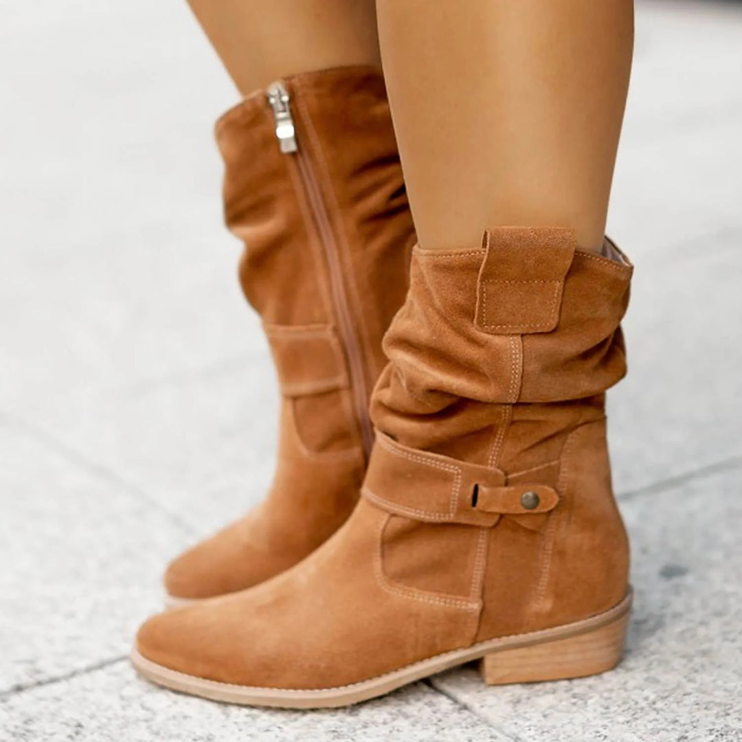 Stylische Damen-Slouch-Stiefel mit Blockabsatz und verstellbarem Riemen - 1 - Jasminaboutique.com