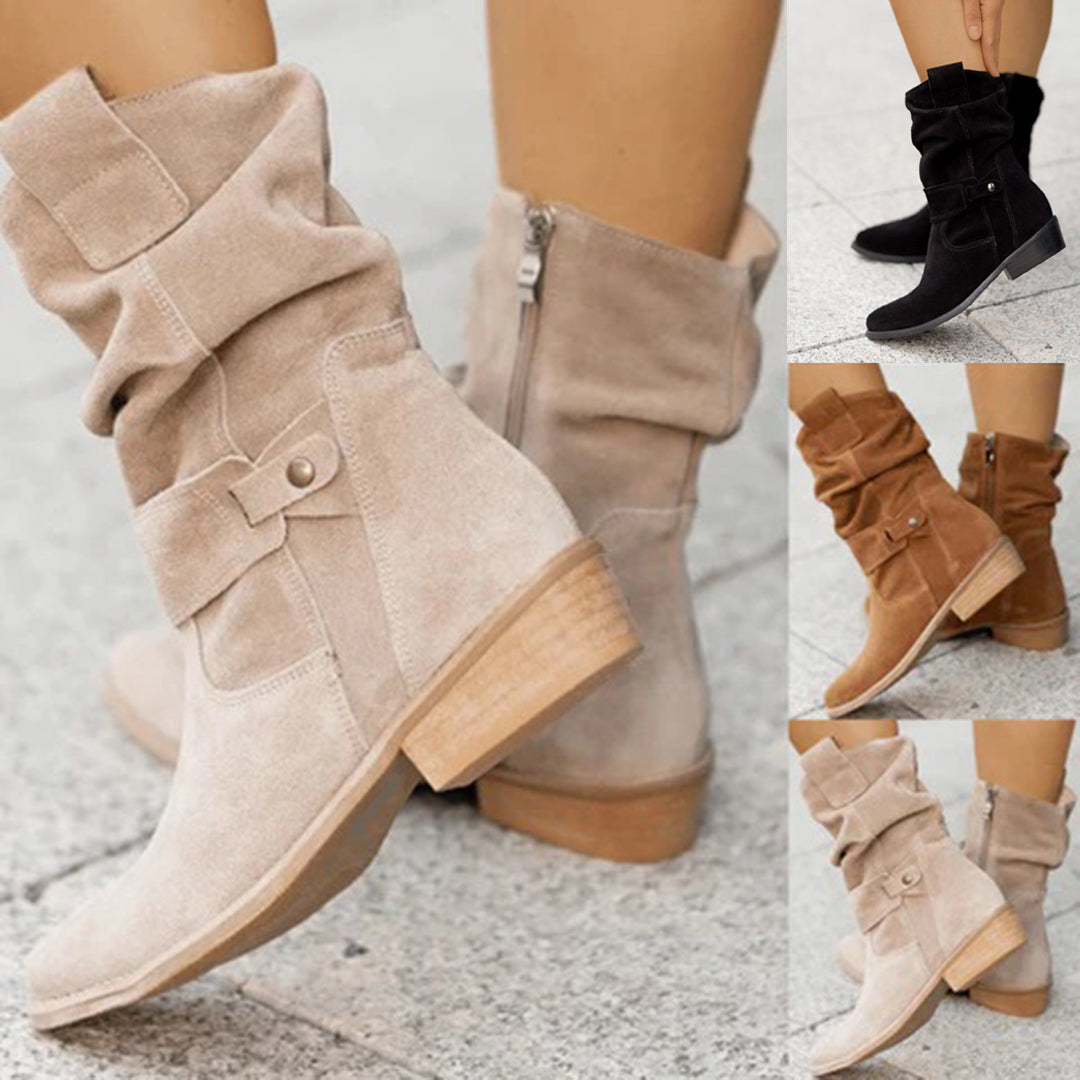 Elegante Slouch-Stiefel für Damen mit Blockabsatz und verstellbarem Riemen - J&B - 2 - Atelier-Zofia