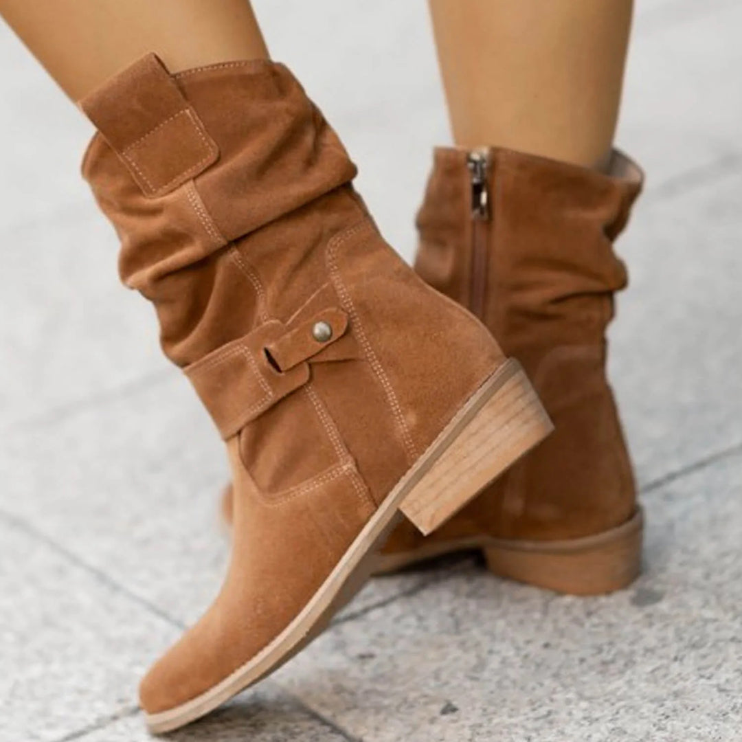 Elegante Slouch-Stiefel für Damen mit Blockabsatz und verstellbarem Riemen - J&B - 4 - Atelier-Zofia