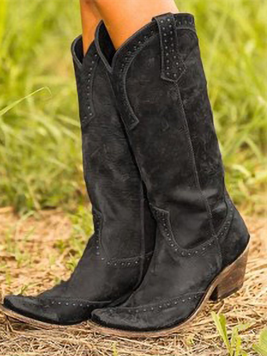Damen Cowboystiefel kniehoch mit auffälligem Nieten-Design - J&B - 2 - Atelier-Zofia