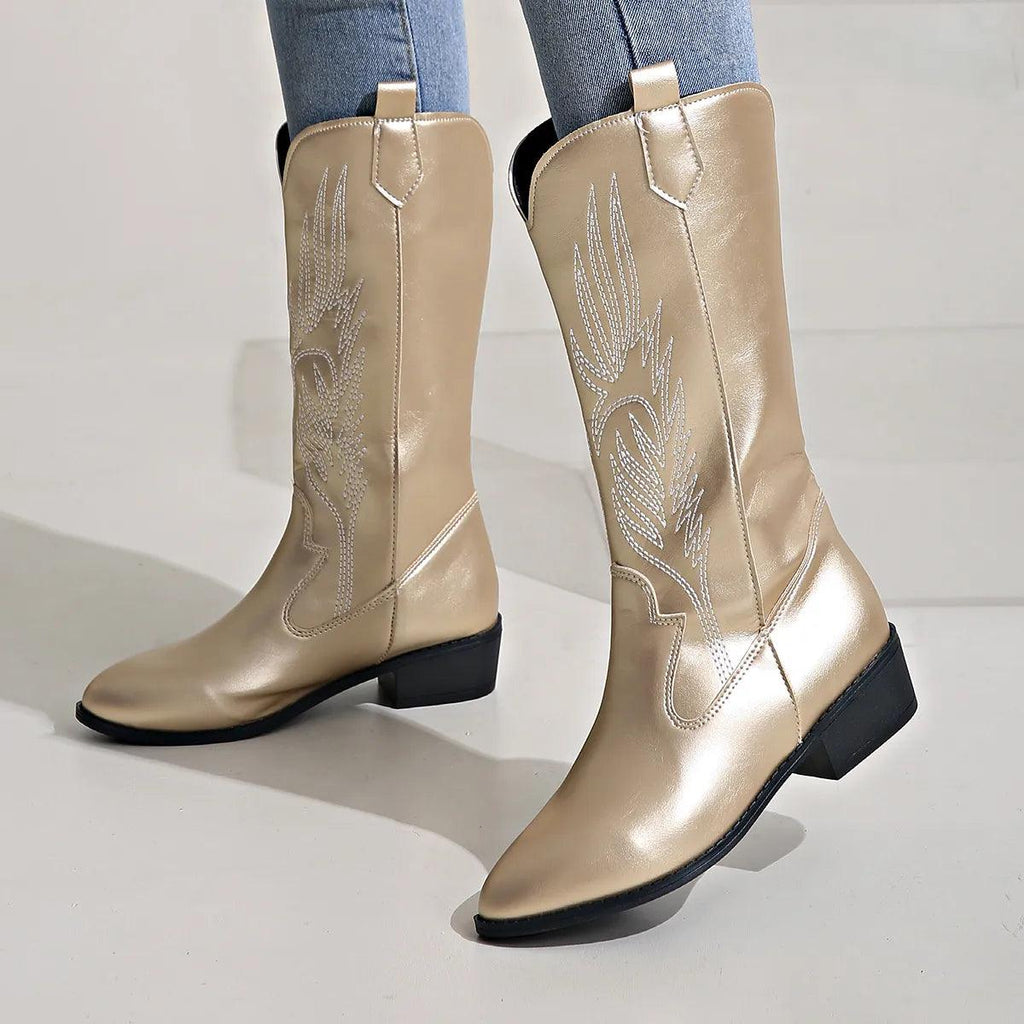Stylische Damen Cowboystiefel mit Blockabsatz und dekorativer Stickerei - J&B - 7 - Atelier-Zofia
