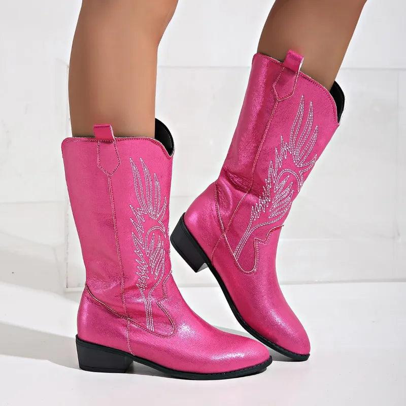 Stylische Damen Cowboystiefel mit Blockabsatz und dekorativer Stickerei - J&B - 10 - Atelier-Zofia
