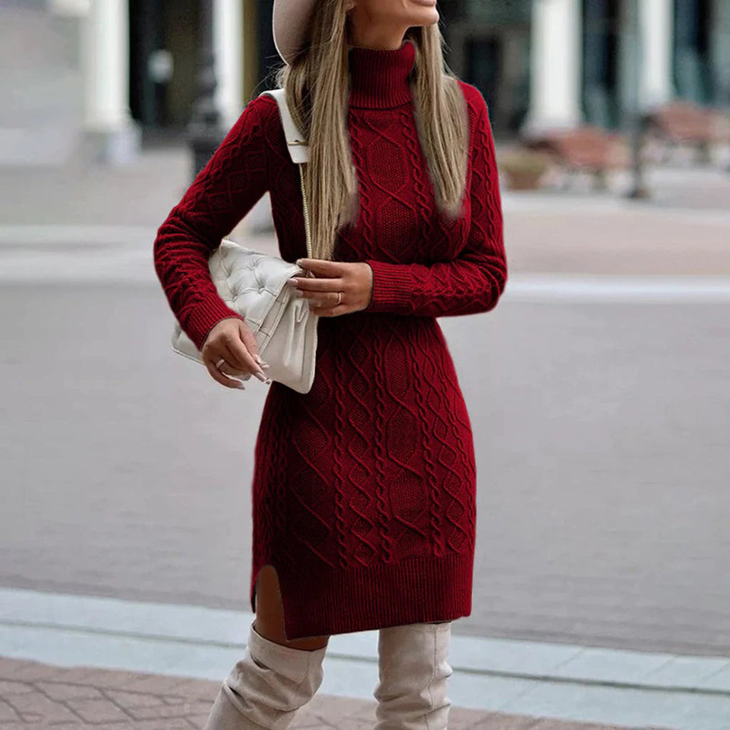 Damen Midi-Kleid im Zopfmuster mit Rollkragen und modernem Schlitz - J&B - 1 - Atelier-Zofia