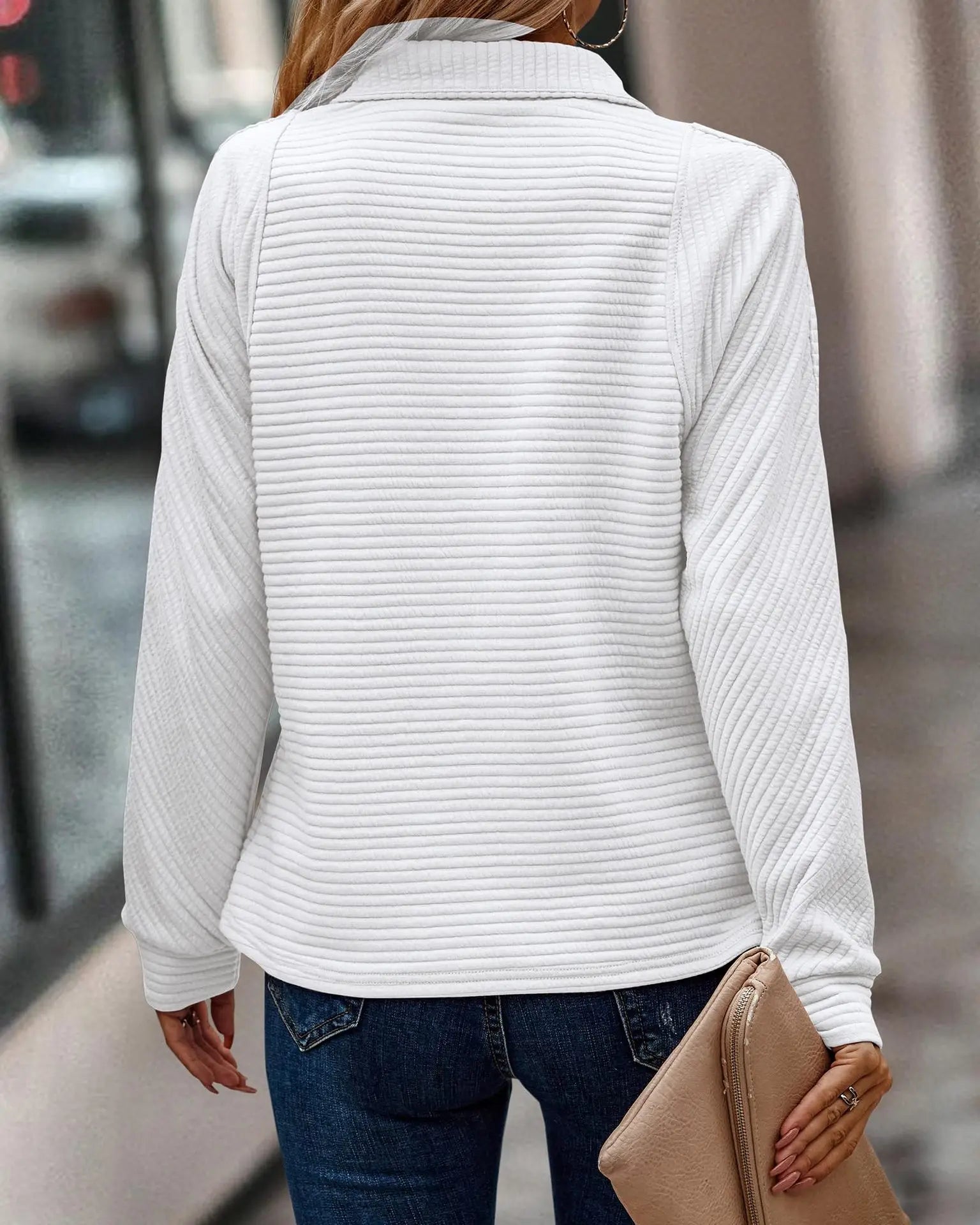 Pullover Women's Zip Collar Sweater with Ribbed Texture | M&B - 5 - Modern britwear