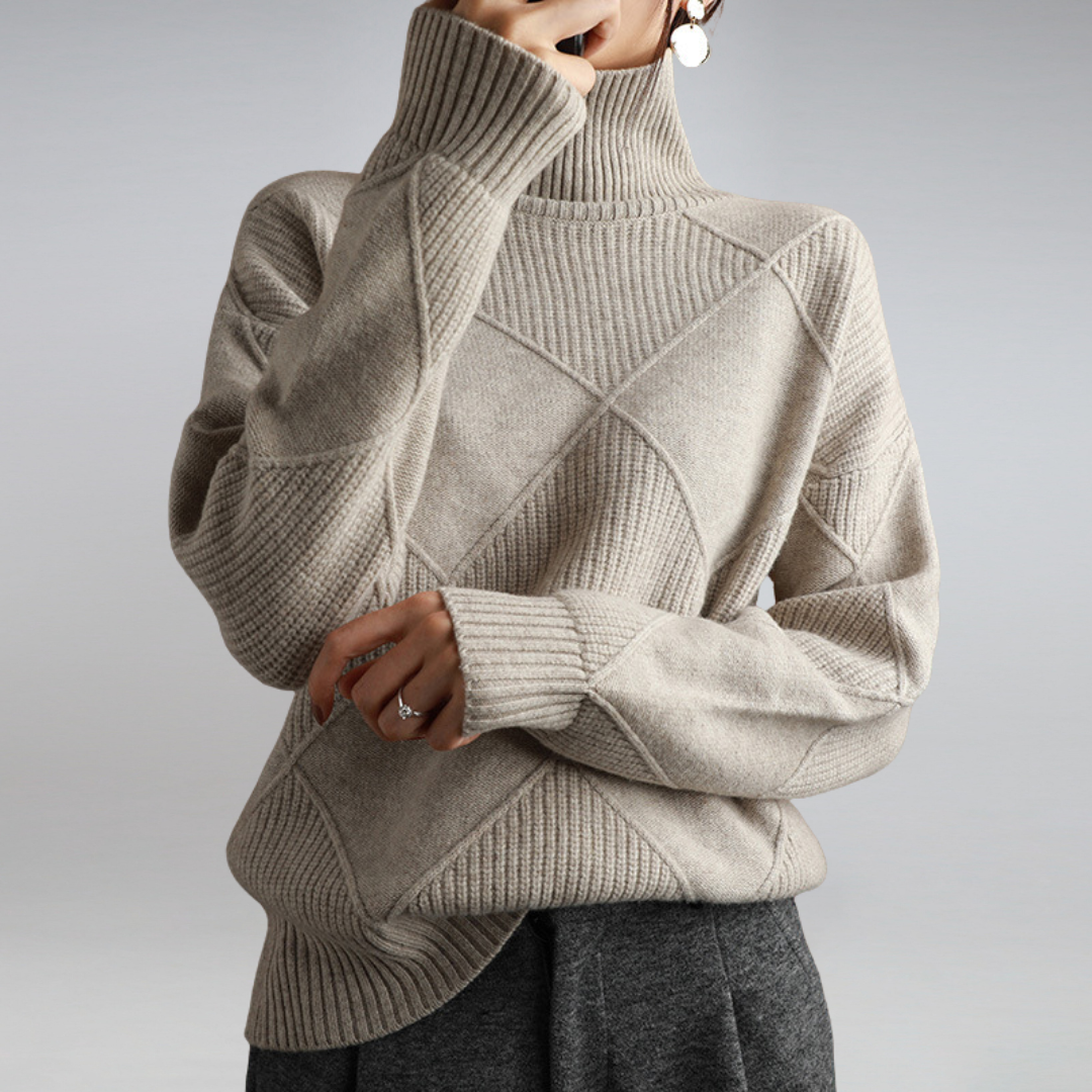 Klassischer Damen-Rollkragenpullover mit Rautenmuster – Eleganz trifft auf Gemütlichkeit - J&B - 2 - Atelier-Zofia