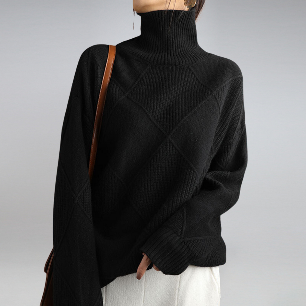 Klassischer Damen-Rollkragenpullover mit Rautenmuster – Eleganz trifft auf Gemütlichkeit - J&B - 5 - Atelier-Zofia