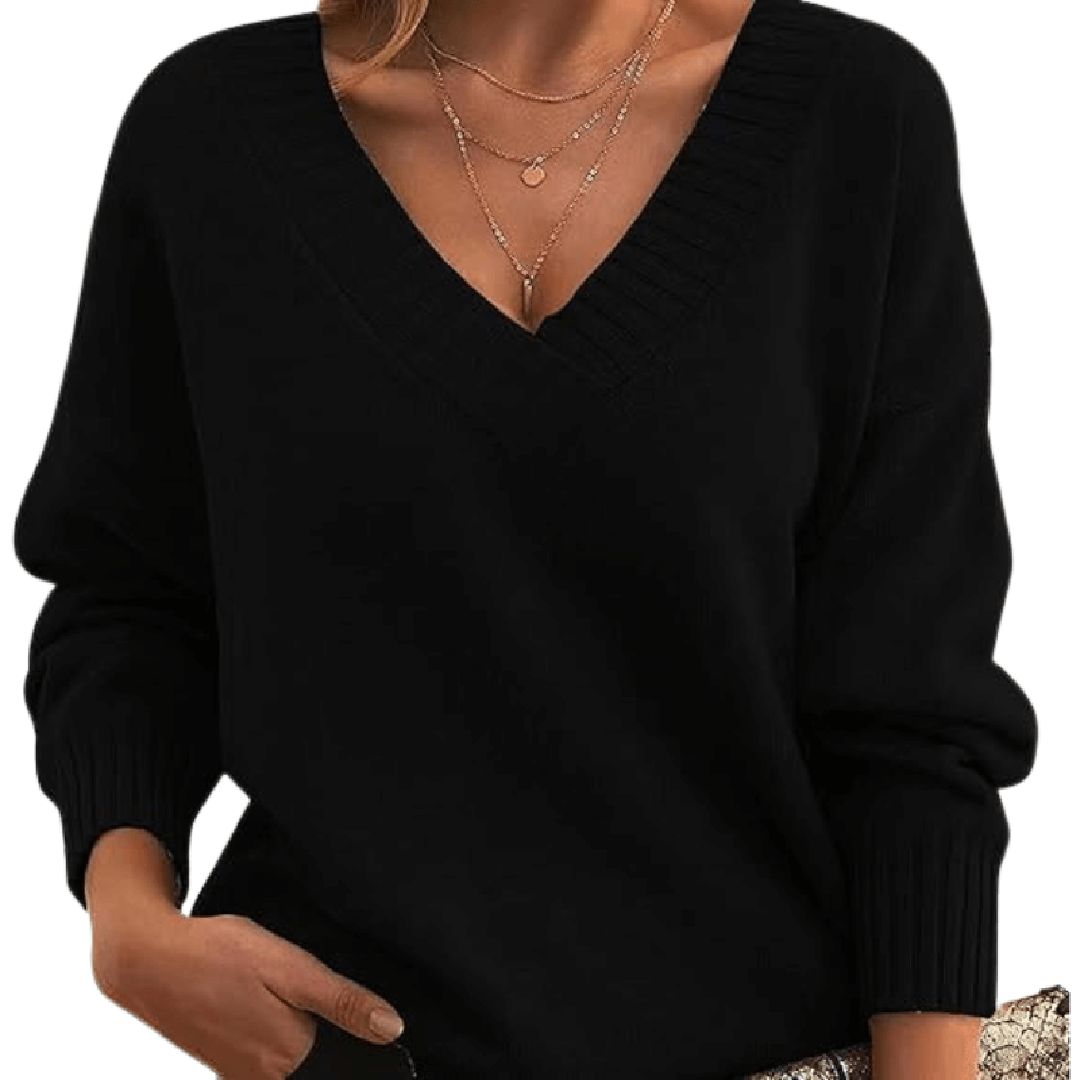 Modischer Damen-Strickpullover mit V-Ausschnitt und lässigem Schnitt - J&B - 2 - Atelier-Zofia