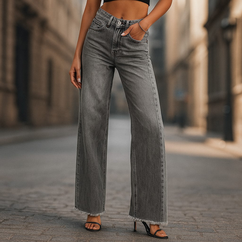 Weit geschnittene Damenhose mit hohem Bund und modischem Fransensaum - J&B - 3 - Atelier-Zofia