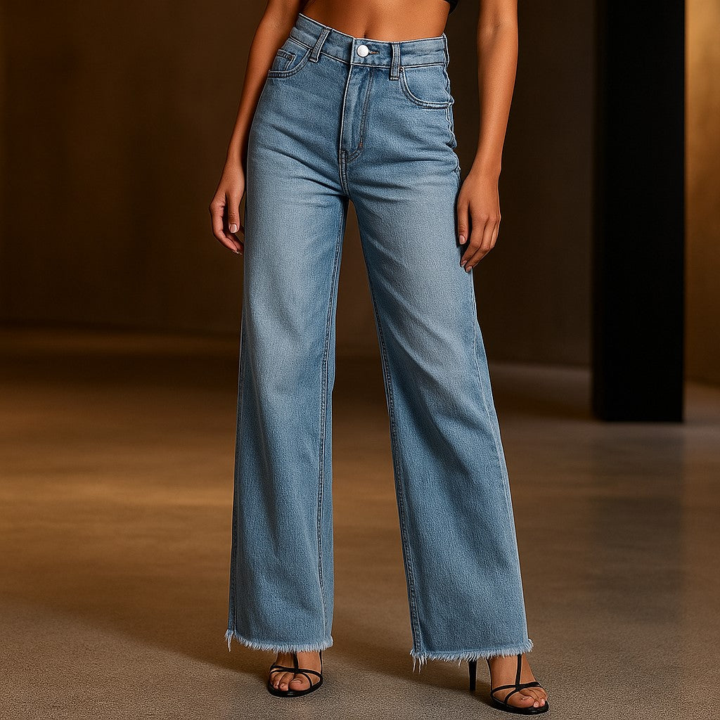 Weit geschnittene Damenhose mit hohem Bund und modischem Fransensaum - J&B - 4 - Atelier-Zofia