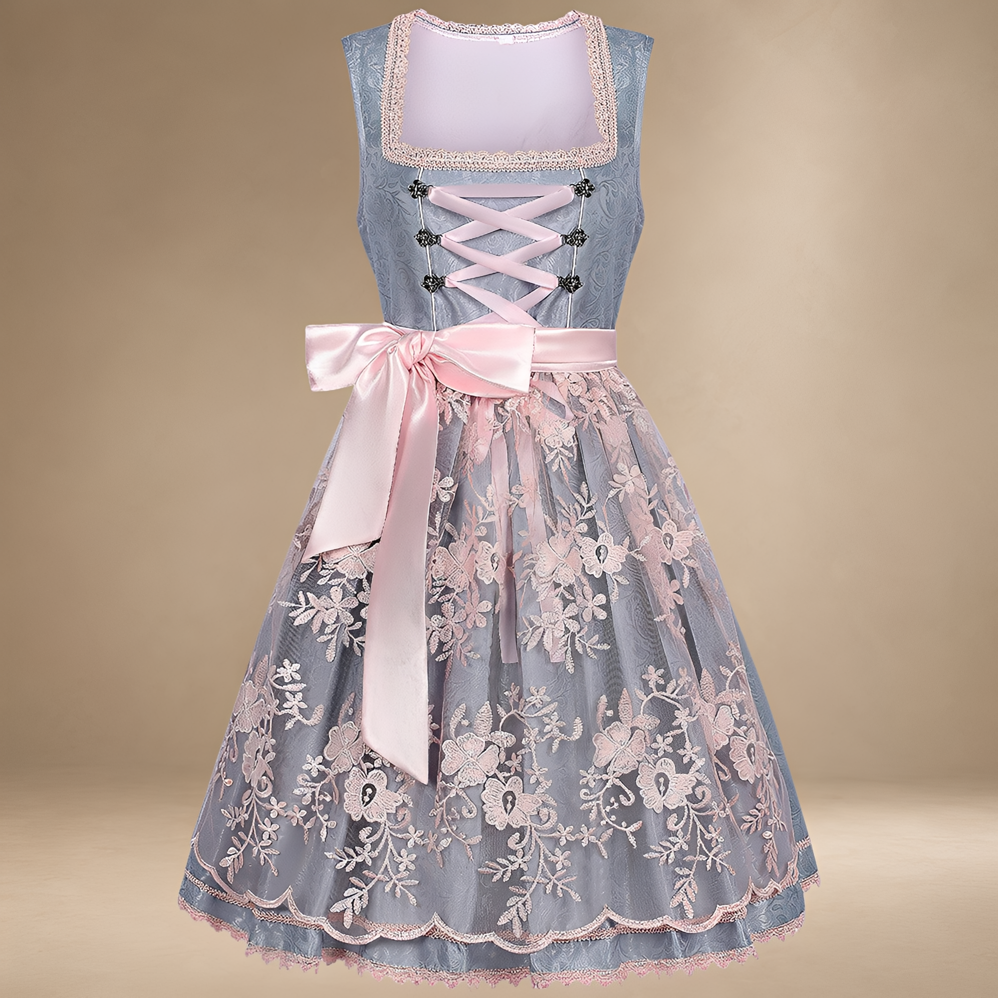 Festliches ärmelloses Dirndl für Damen mit floralen Prints und eleganten Spitzendetails - J&B - 4 - Atelier-Zofia