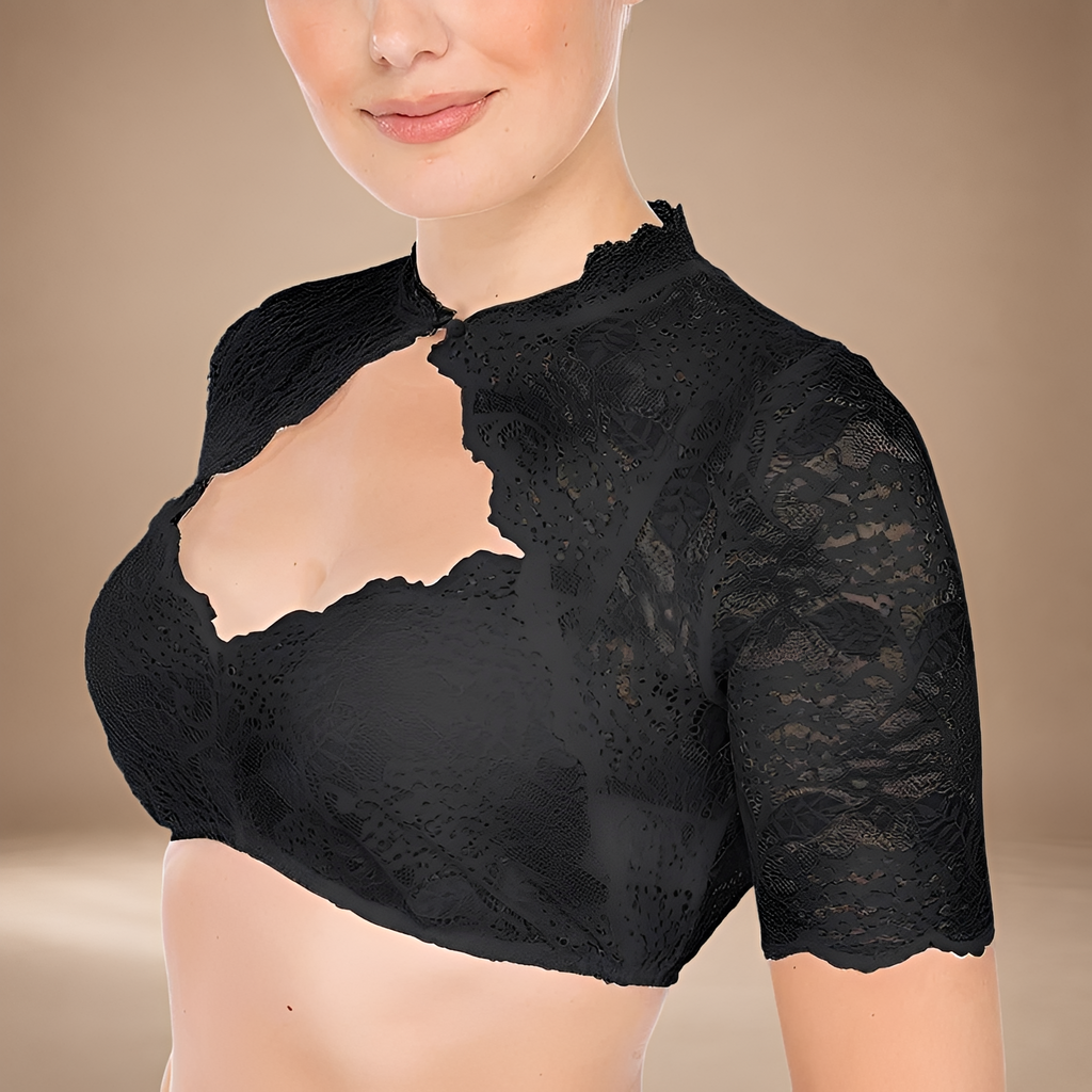 Damen-Spitzenbluse mit hohem Kragen und kurzem Schnitt - J&B - 5 - Atelier-Zofia
