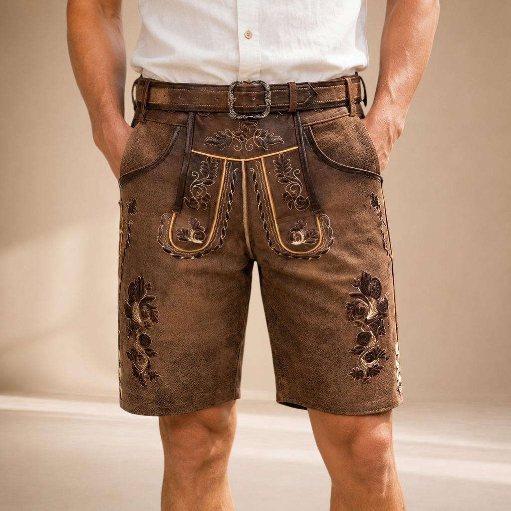 Herren Lederhosen-Shorts mit traditioneller Stickerei und verstellbarem Gürtel - J&B - 4 - Atelier-Zofia