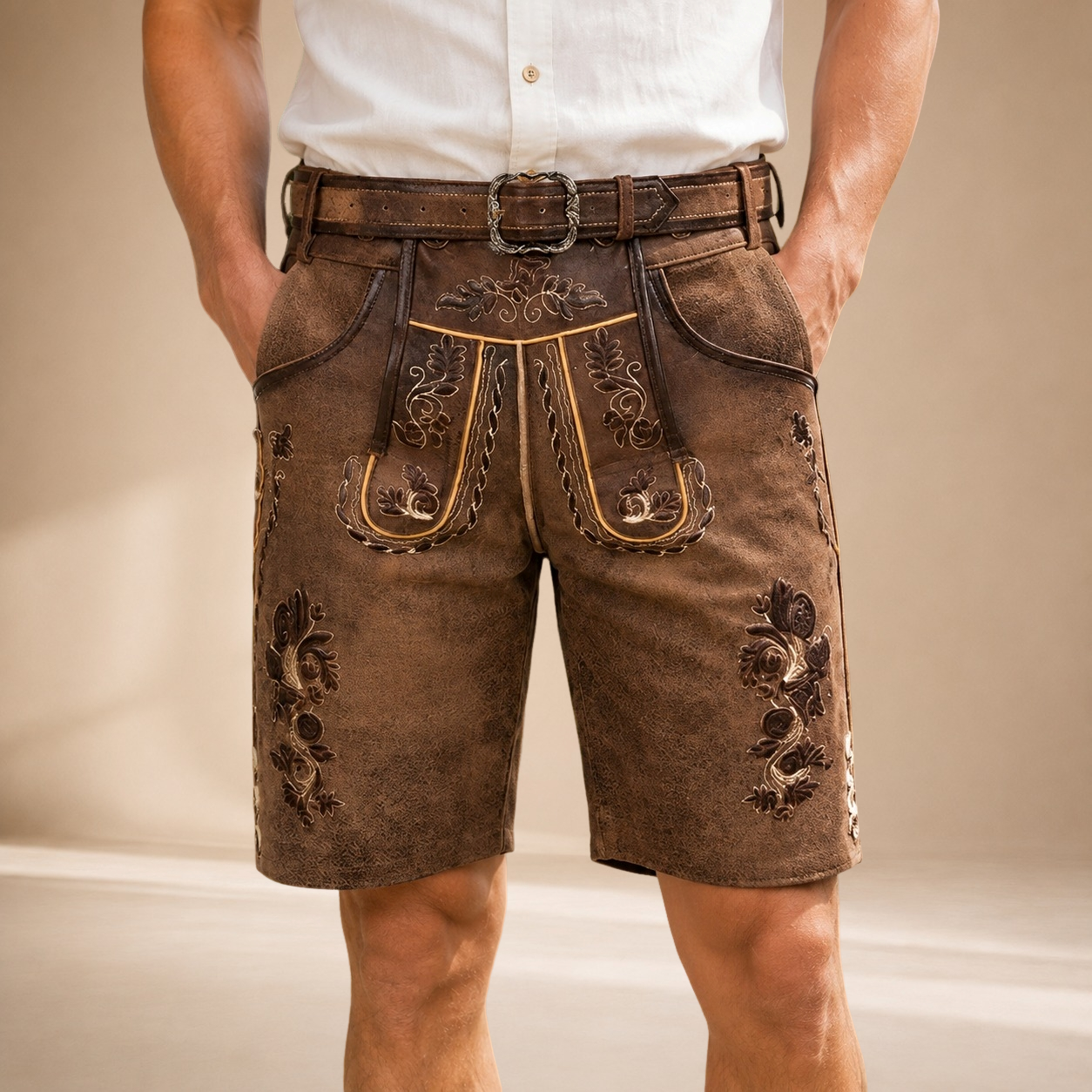 Herren Lederhosen-Shorts mit traditioneller Stickerei und verstellbarem Gürtel - J&B - 4 - Atelier-Zofia