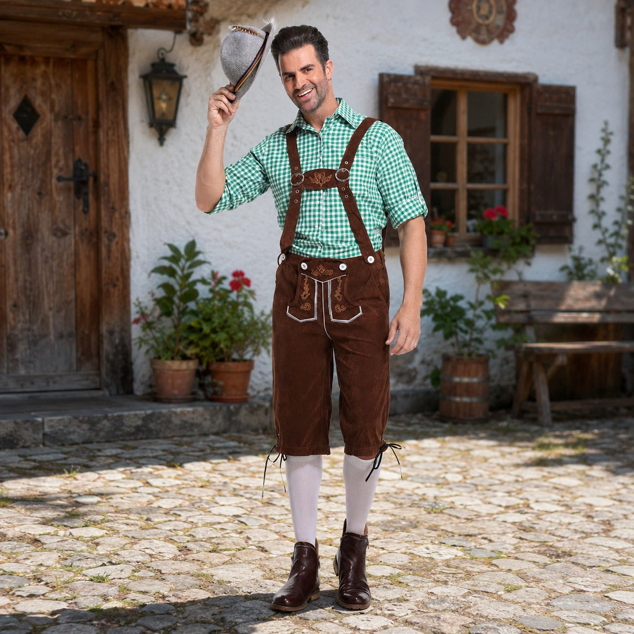 Herren-Lederhosen-Set mit kariertem Hemd und Hosenträgern für Oktoberfest-Feiern - 1 - Atelier-Zofia