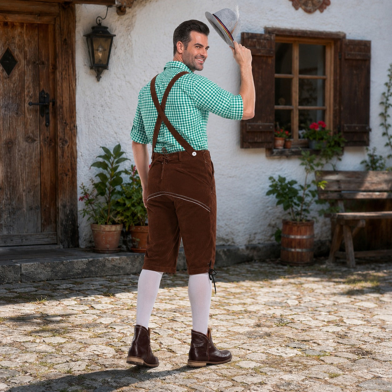 Herren-Lederhosen-Set mit kariertem Hemd und Hosenträgern für Oktoberfest-Feiern - 2 - Atelier-Zofia