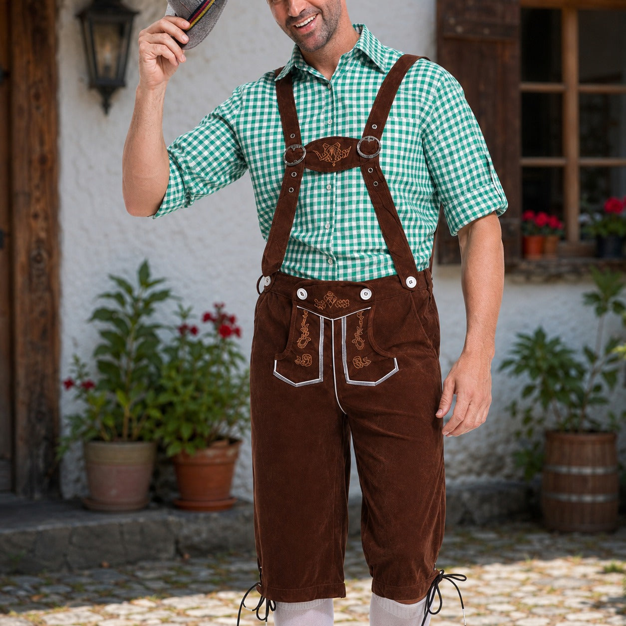 Herren-Lederhosen-Set mit kariertem Hemd und Hosenträgern für Oktoberfest-Feiern - 3 - Atelier-Zofia