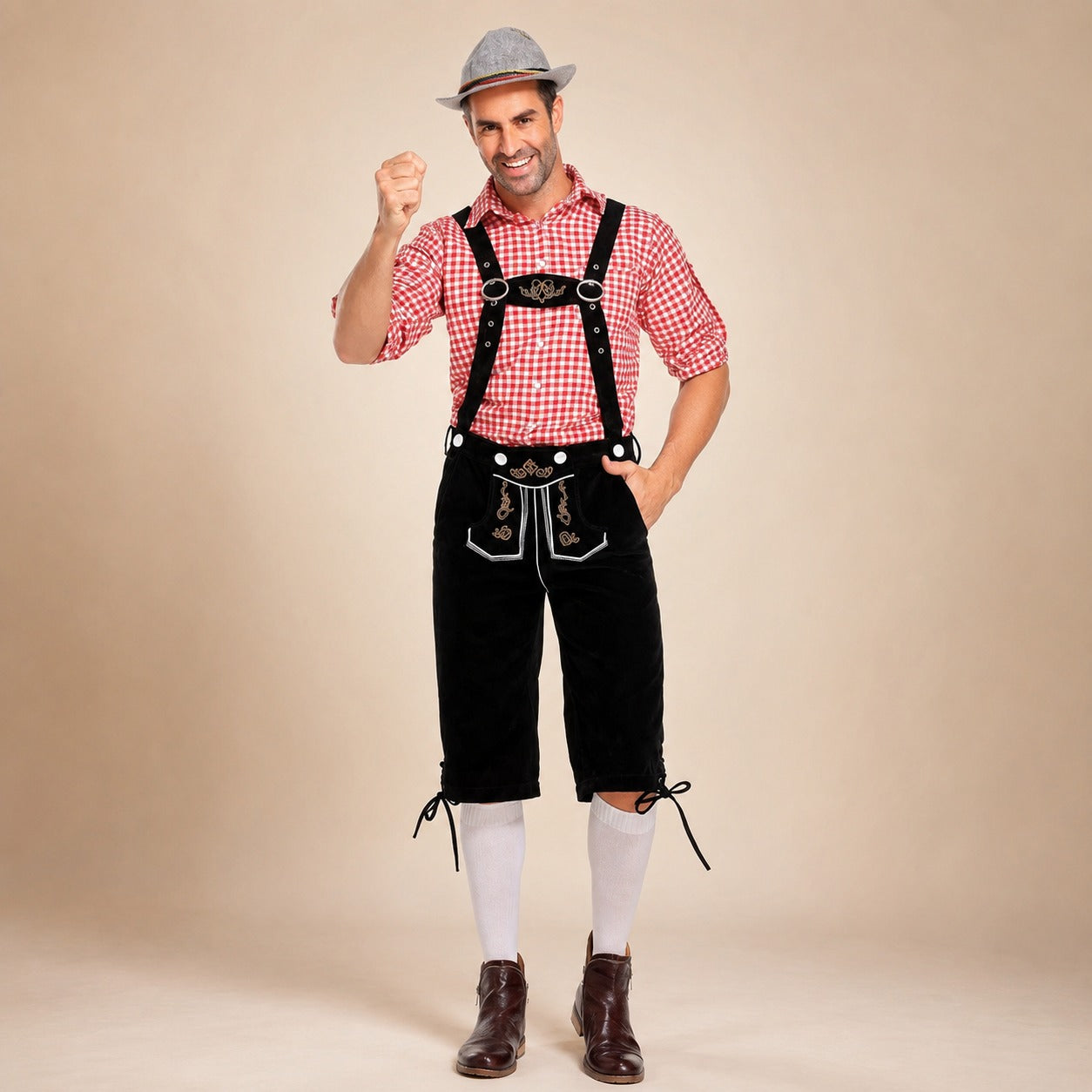Herren-Lederhosen-Set mit kariertem Hemd und Hosenträgern für Oktoberfest-Feiern - 4 - Atelier-Zofia