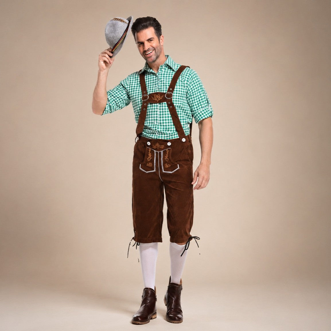 Herren-Lederhosen-Set mit kariertem Hemd und Hosenträgern für Oktoberfest-Feiern - 5 - Atelier-Zofia