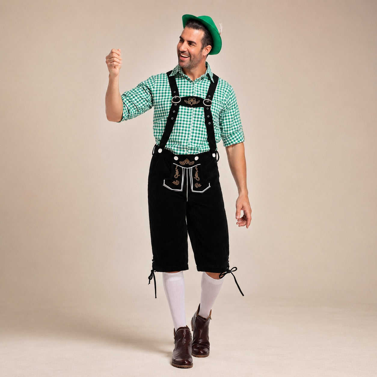 Herren-Lederhosen-Set mit kariertem Hemd und Hosenträgern für Oktoberfest-Feiern - 6 - Atelier-Zofia