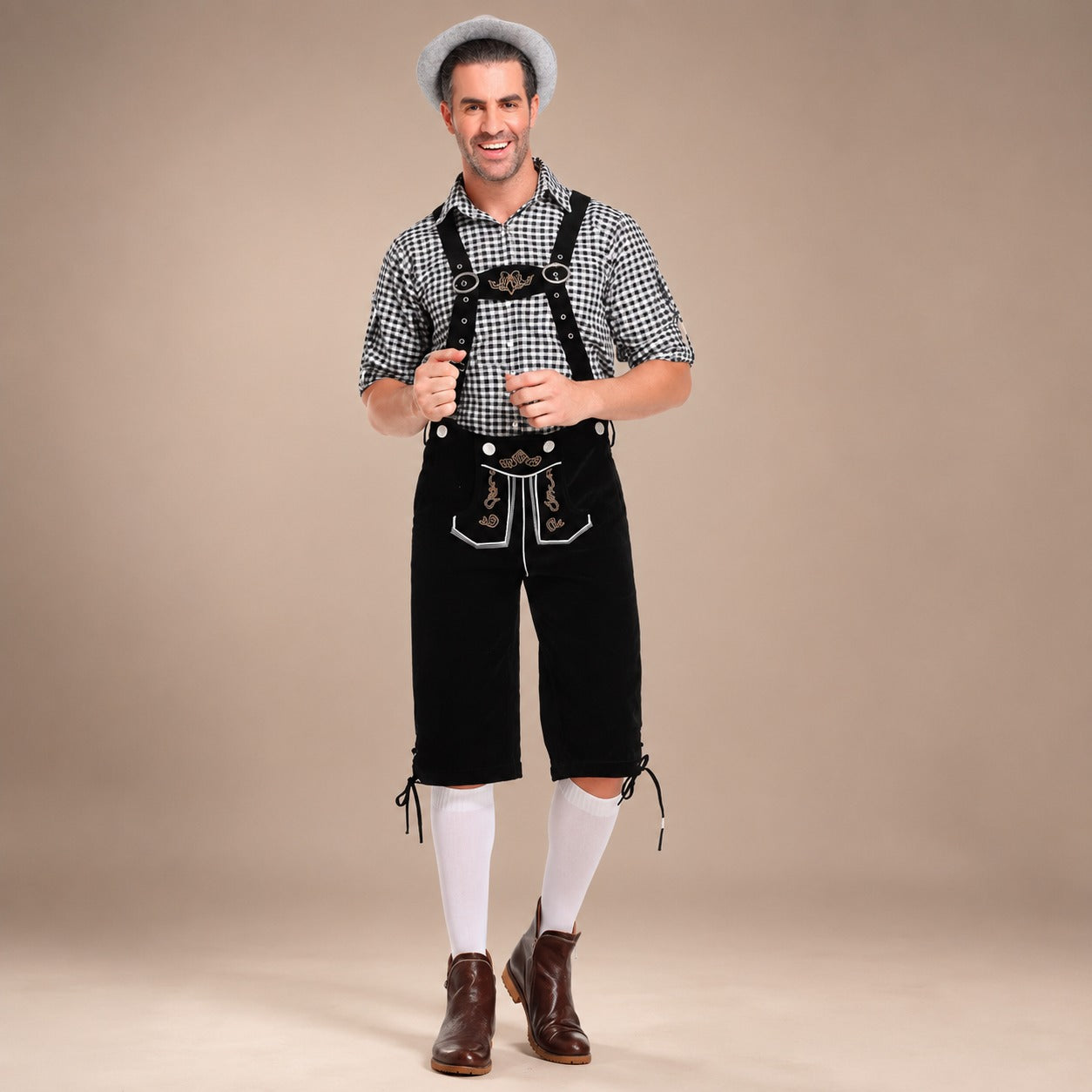 Herren-Lederhosen-Set mit kariertem Hemd und Hosenträgern für Oktoberfest-Feiern - 8 - Atelier-Zofia