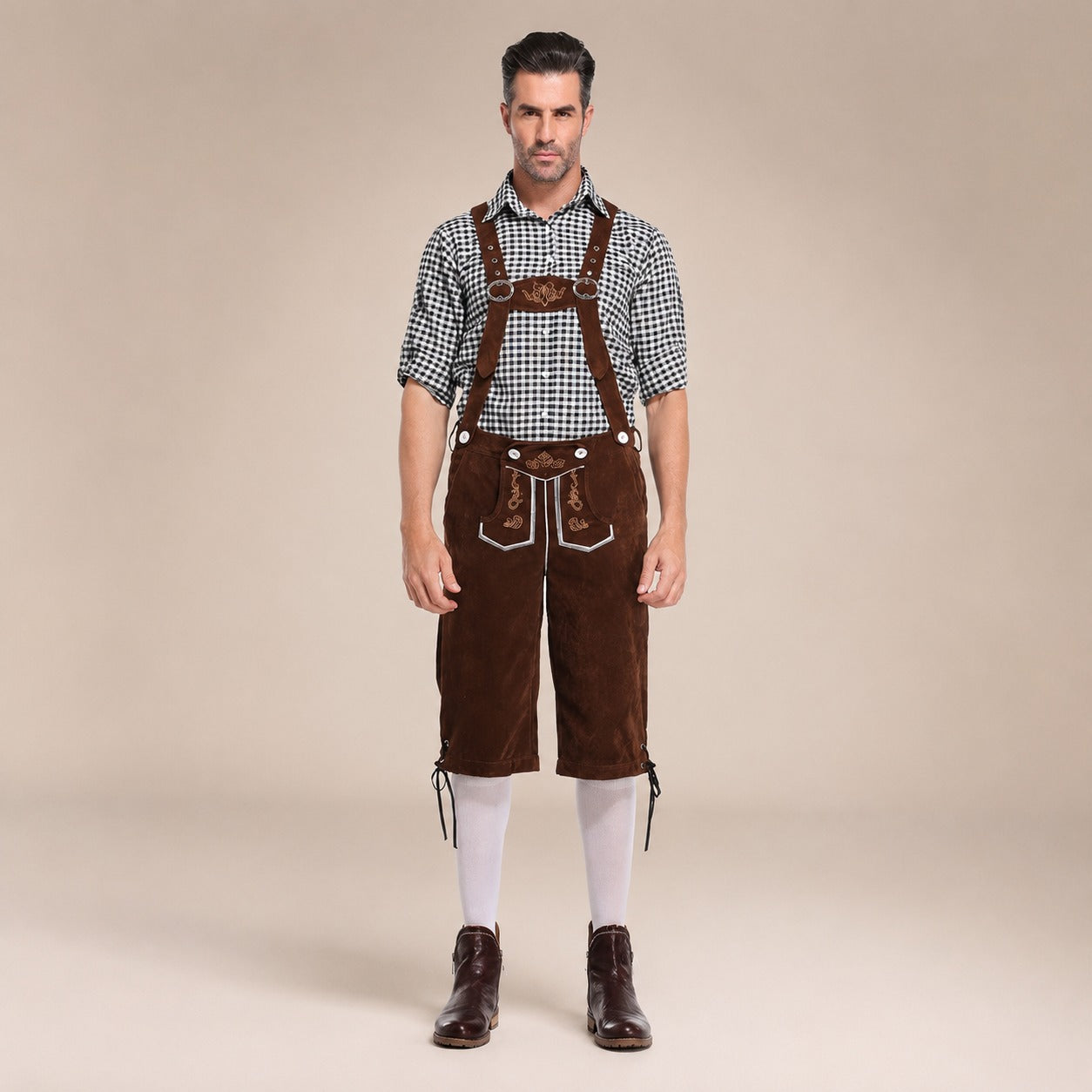 Herren-Lederhosen-Set mit kariertem Hemd und Hosenträgern für Oktoberfest-Feiern - 9 - Atelier-Zofia