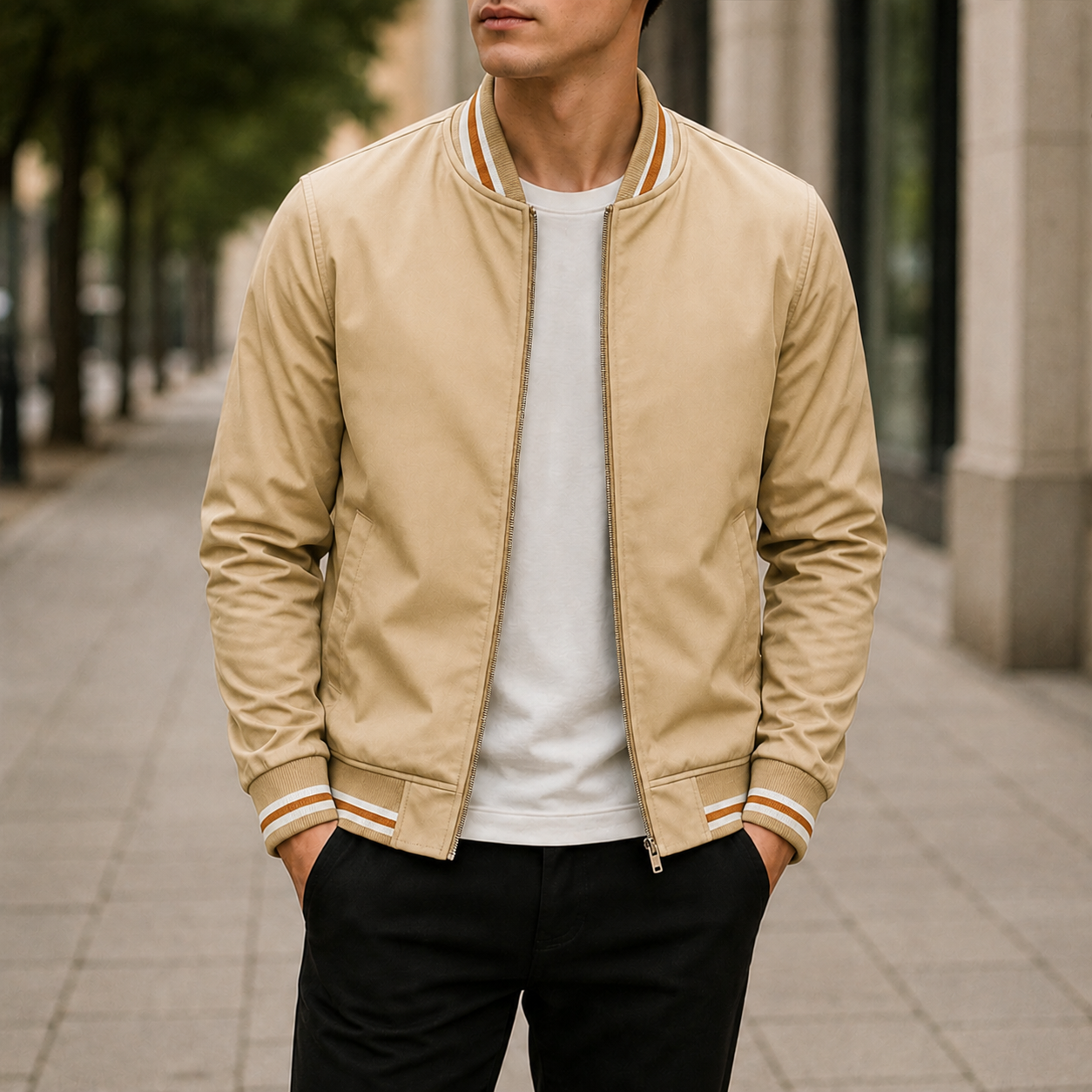 Modische Herren Bomberjacke mit kontrastierenden Streifen | A&Z - 5 - Atelier-Zofia