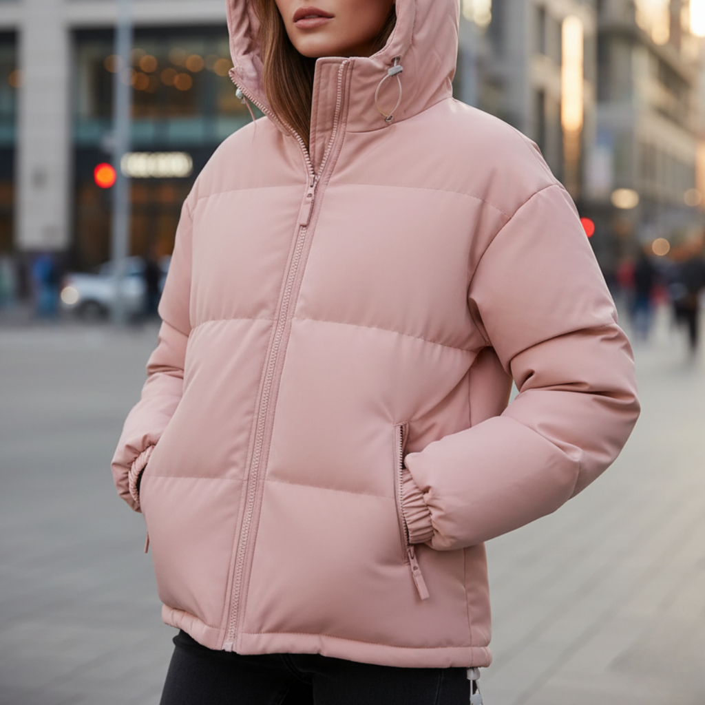 Modische Damen Steppjacke mit Kapuze und durchgehendem Reißverschluss - J&B - 1 - Atelier-Zofia