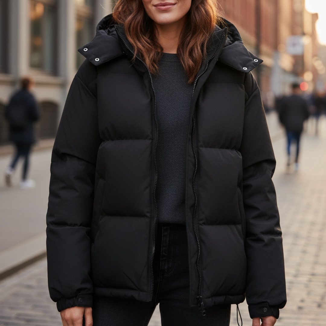 Modische Damen Steppjacke mit Kapuze und durchgehendem Reißverschluss - J&B - 2 - Atelier-Zofia