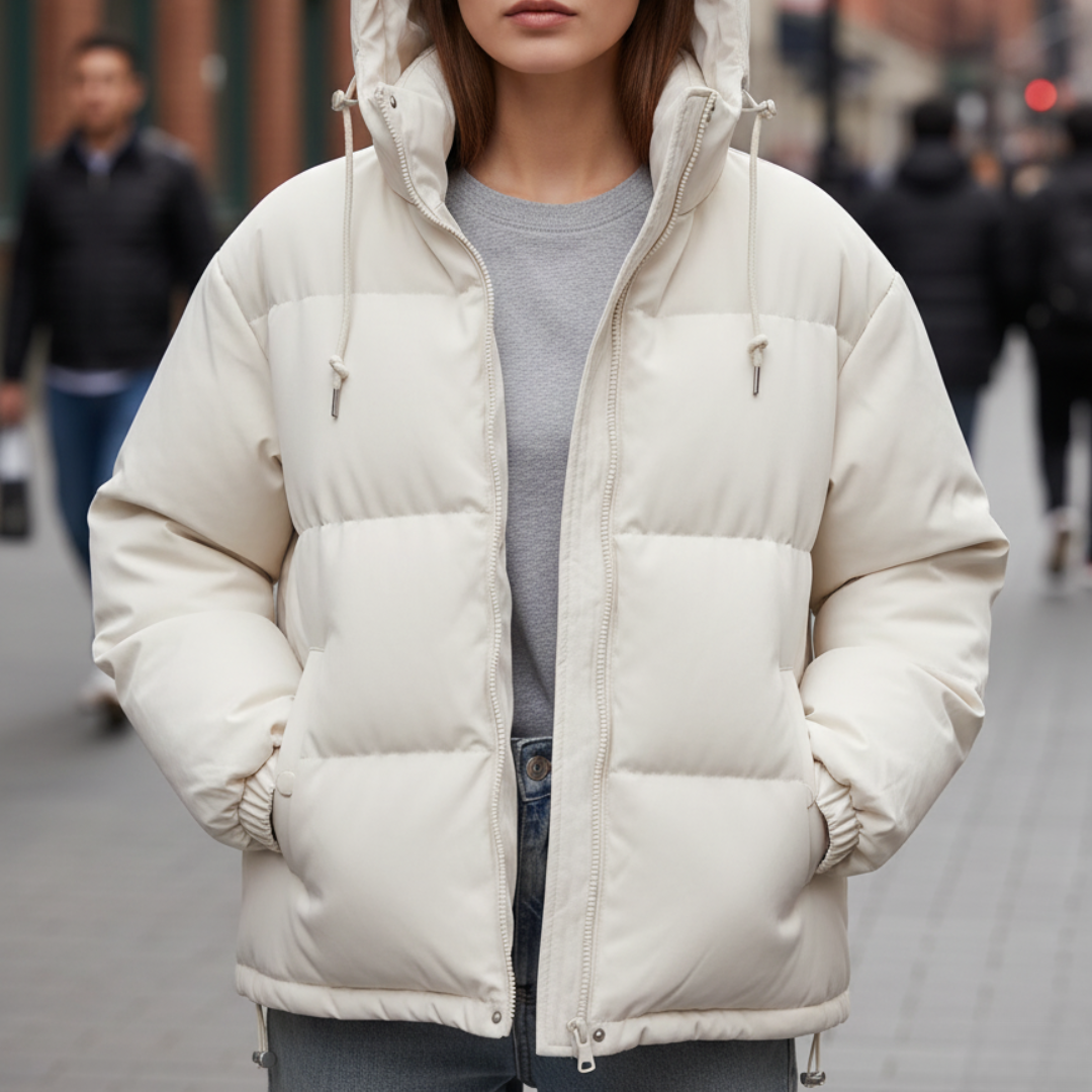 Modische Damen Steppjacke mit Kapuze und durchgehendem Reißverschluss - J&B - 3 - Atelier-Zofia