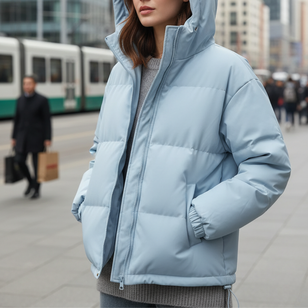 Modische Damen Steppjacke mit Kapuze und durchgehendem Reißverschluss - J&B - 4 - Atelier-Zofia