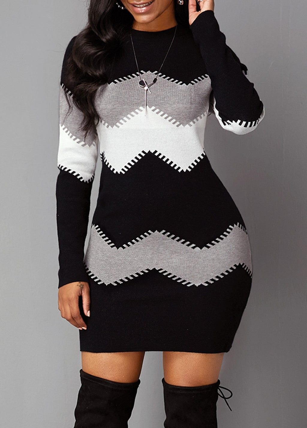 Women’s dress with a figure-hugging fit and chevron design | L&S - 10 - London-stylehouse.com