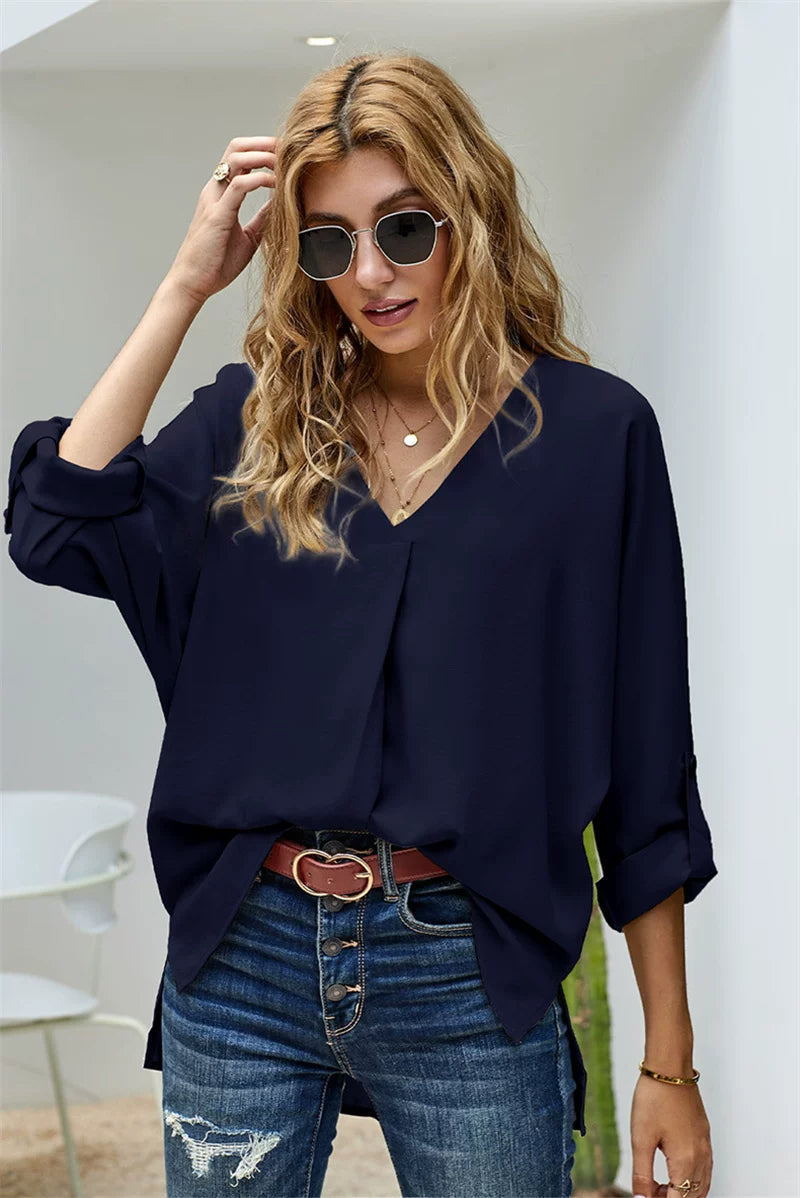 Blouse Women's Relaxed Fit with V-Neck | L&S - 1 - London-stylehouse.com