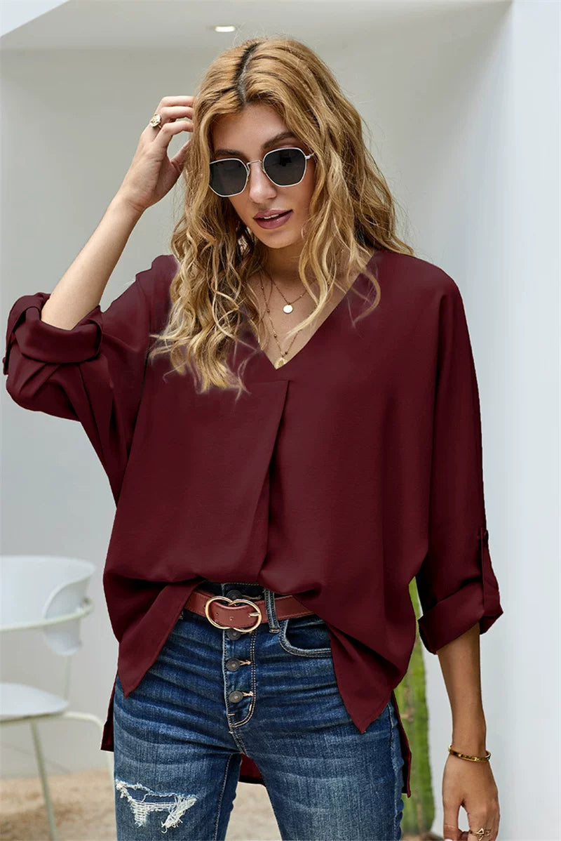 Blouse Women's Relaxed Fit with V-Neck | L&S - 2 - London-stylehouse.com