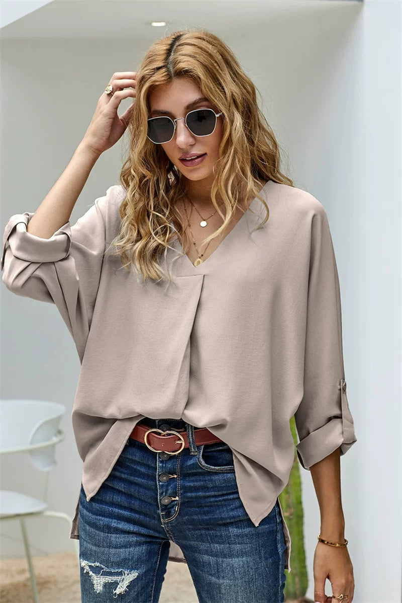 Blouse Women's Relaxed Fit with V-Neck | L&S - 3 - London-stylehouse.com