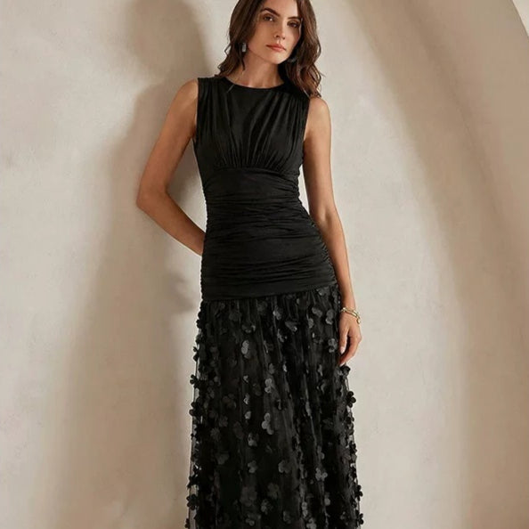 Maxikleid Damen mit gerafftem Oberteil und floralem Overlay | A&Z - 4 - Atelier-Zofia