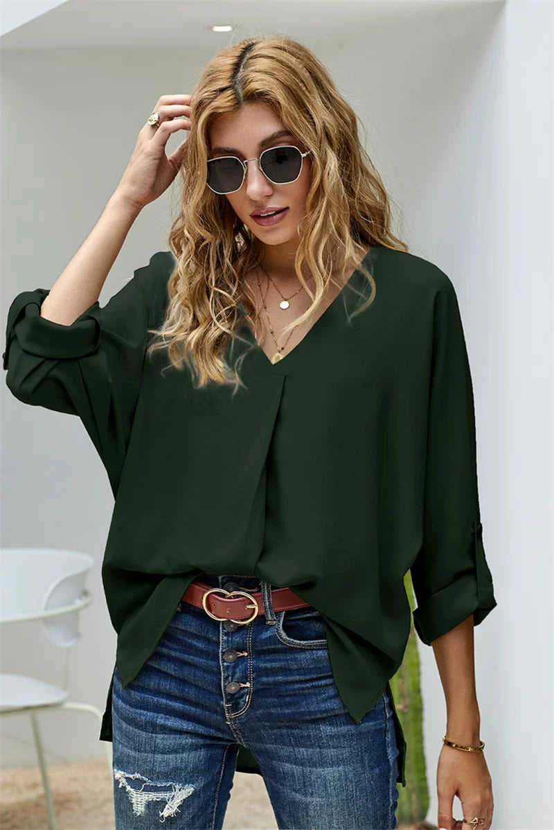 Blouse Women's Relaxed Fit with V-Neck | L&S - 4 - London-stylehouse.com